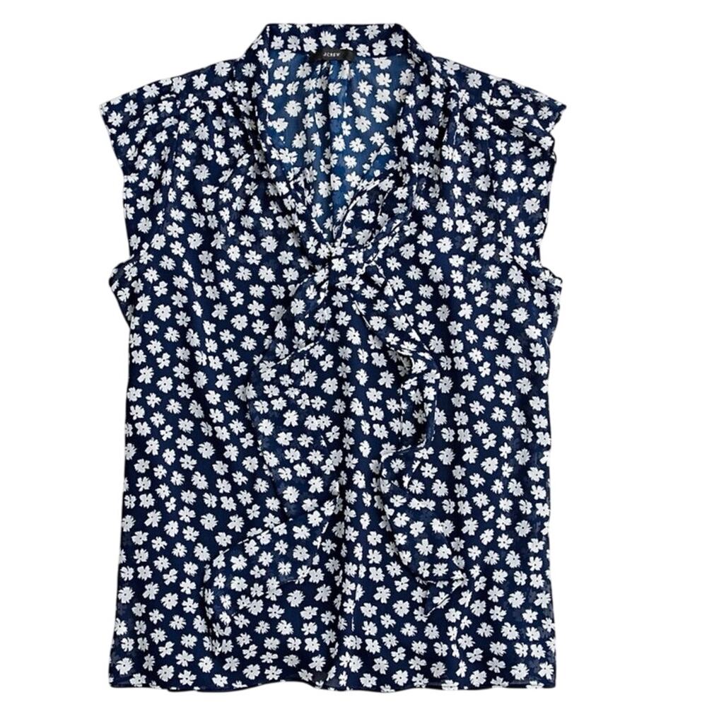 J Crew Floral Tie Neck Blouse Navy with Floral Daisy Print Size Small